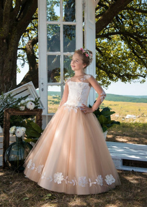 Long Sleeves Ivory Lace Cappuccino Tulle Wedding Flower Girl Dress